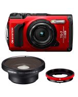 OM SYSTEM Tough TG-7 -kompaktkamera, röd + Fisheye FCON-T01 Kit